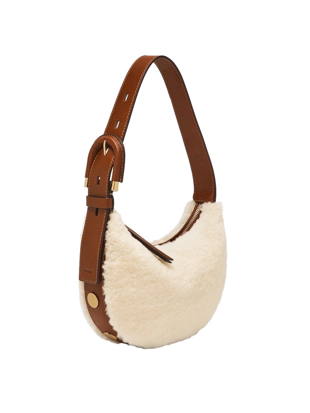 Fossil Cream Shearling Crescent Bag with Brown Leather Strap